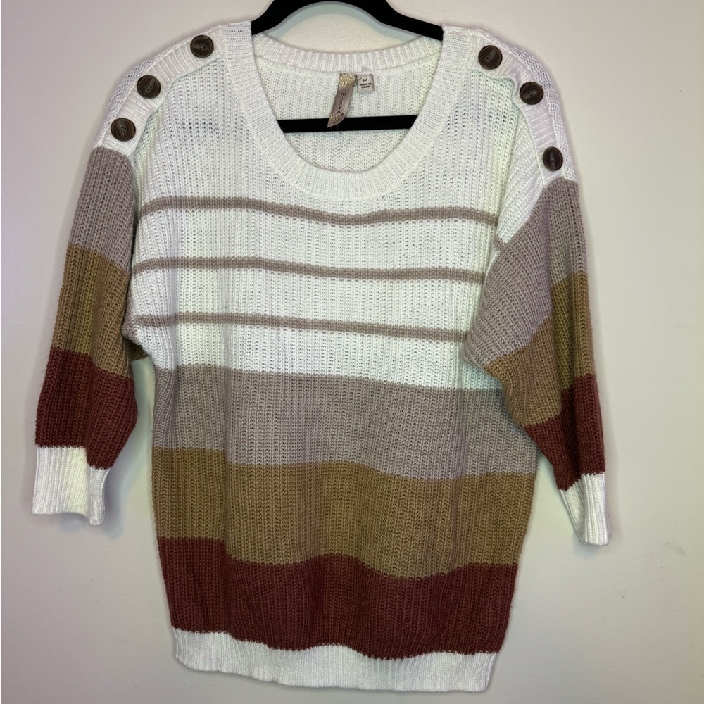 Misia Striped Crewneck Knit Sweater|Stripes of Brown, Beige & Red,Women’s Size M